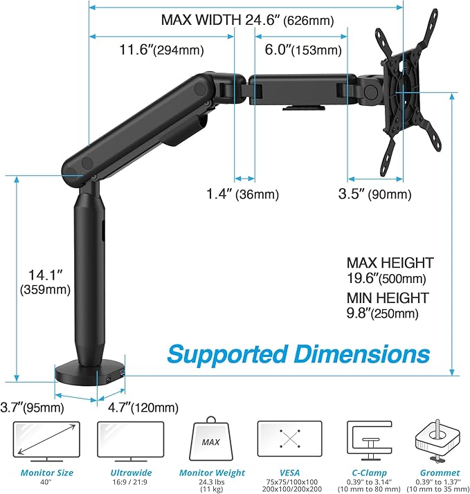 AVLT Single 17"-40" Ultrawide 3-Segment Easel Monitor Arm for Screens Up to 24.3 lbs, Aluminum Designer Stand, Adjustable Pneumatic Height, Full Motion Swivel Tilt Rotation, USB-C USB-A Ports, Black