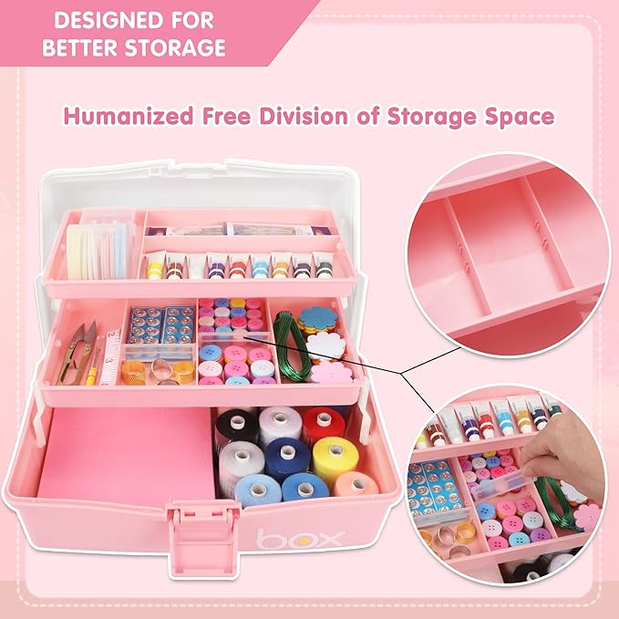 12in 3-Layer Plastic Craft Organizers and Storage, Portable Folding Tackle Box with Handle & Adjustable Dividers, Multipurpose Case for Sewing, Art Supplies, Medicine, Tools (White Pink)