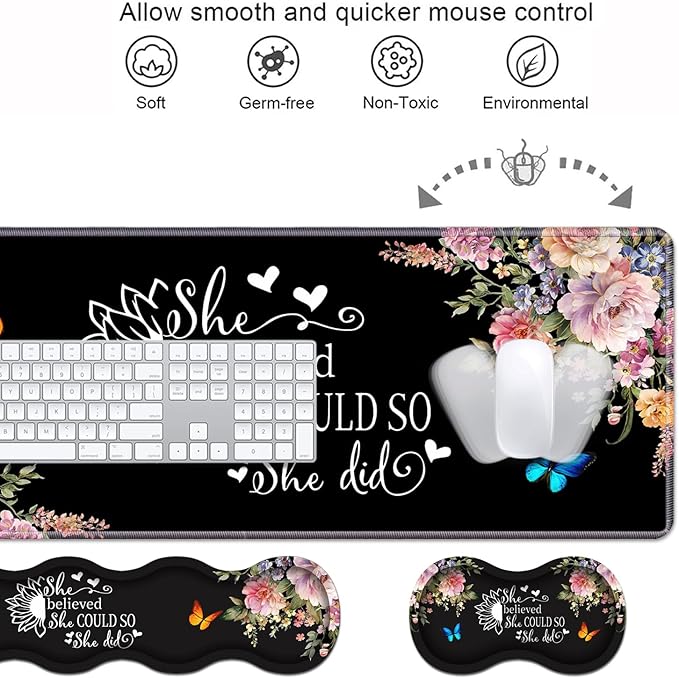 Ergonomic Keyboard Wrist Rest & Mouse Pad Wrist Rest Set, 31.5"x 11.8" Large XXL Gaming Desk Pad Memory Foam Non-Slip Desk Mat for Office & Home, Floral Quote She Believed She Could So She Did
