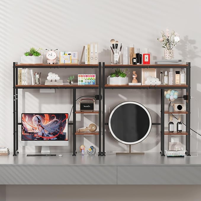 Aetheris Desktop Organizer Shelf, 30" Wooden Office Storage Rack with Outlets, Display Shelf Rack with Light Strip, 5 Tier Desktop Display Rac, Desk Shelf, Desk Hutch for Computer Monitor, Brown