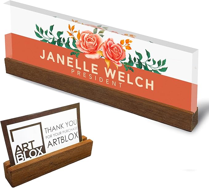 Artblox Office Personalized Name Plate for Desk with Business Card Holder On Clear Acrylic Glass Orange Roses Design Custom Desk Name Plate with Your Name and Credentials Customized Gift