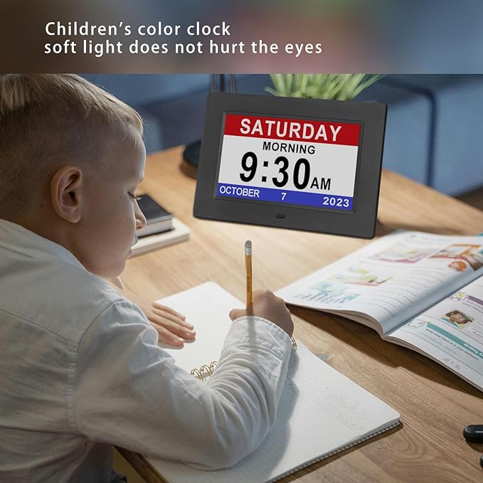 Dementia Clock for Seniors Digital Clock Large Display with Day & Date-12Alarms 3 Colors Display for Elderly with Memory Loss, Alzheimer's, Vision Impaired (7'' Black)