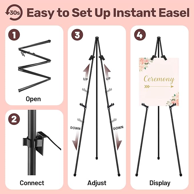 2Pack Black Easel Stand for Sign & Poster - 63" Adjustable Metal Display Easels for Wedding Welcome Signs, Painting, Canvas, Art & Picture - Portable Folding Tripod with Carry Bag, Holds 5 Lbs