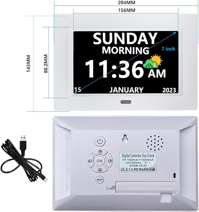 7 Inch Digital Clock with Day and Date for Elderly Alzheimer's Clock Customizable Alarms 3 Display Modes Large Font Alarm Clock for Seniors Auto DST White