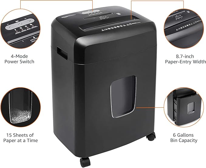 Amazon Basics Paper Shredder for Home and Office, New Model 15-Sheet Cross Cut, CD/Credit Card Shredder, 6 Gallon Wastebasket, Black