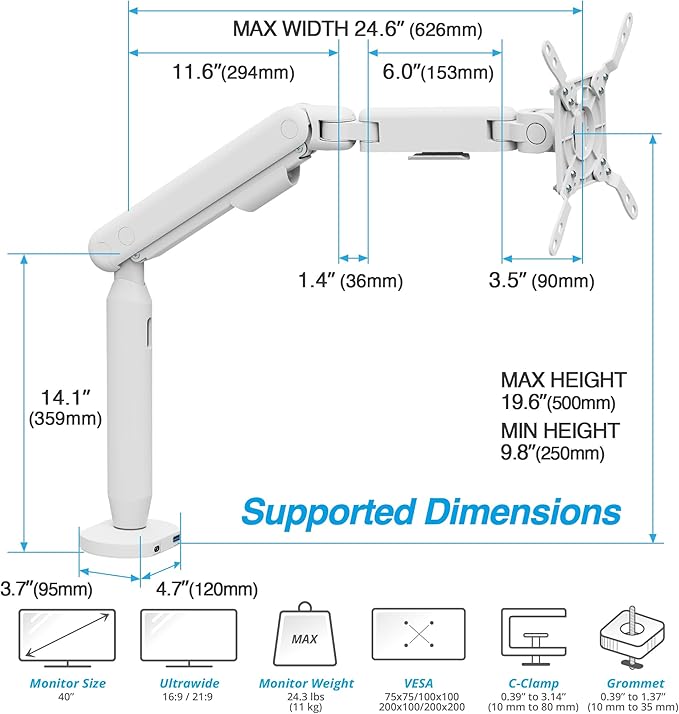 AVLT Single 17"-40" Ultrawide 3-Segment Easel Monitor Arm for Screens Up to 24.3 lbs, Aluminum Designer Stand, Adjustable Pneumatic Height, Full Motion Swivel Tilt Rotation, USB-C USB-A Ports, White