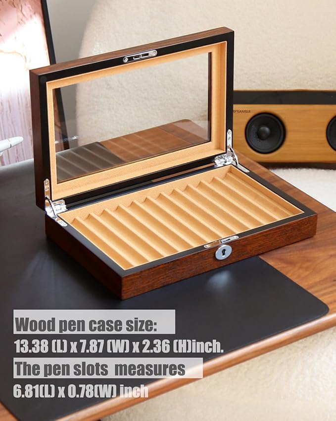 12-Slot Fountain Pen Collector Case – Lockable Wooden Organizer with Glass Display Top, Premium Storage Box for Writing Instruments and Gift for Men