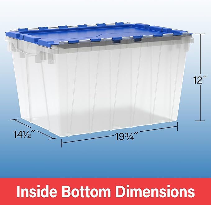 Akro-Mils KeepBox 12 Gallon Storage Container, Nesting and Stackable Plastic Storage Box with Lid Attached and Rails for Letter Size Hanging File Folders, 21" x 15" x 12", Clear/Blue