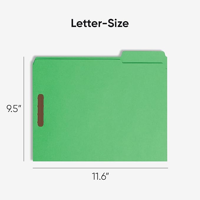 Smead Fastener File Folders, Reinforced 1/3-Cut Tabs, 2 Fasteners, Letter Size, Green, 50 per Box (12140)