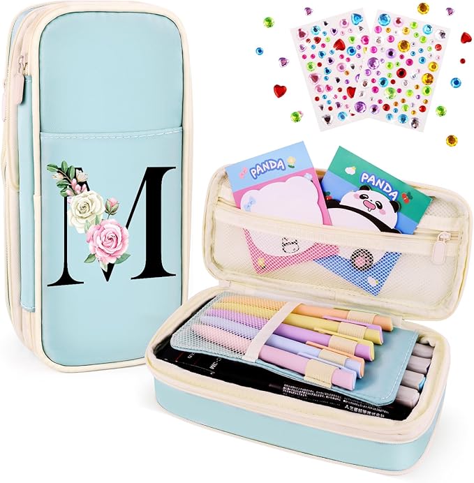 Preppy Pencil Case for Girls, Cute Large Pencil Pouch, Personalized Initial Pencil Bag with Zipper for School College Office Supplies, Back to School Supplies Gifts for Teen Girls (M, Blue)