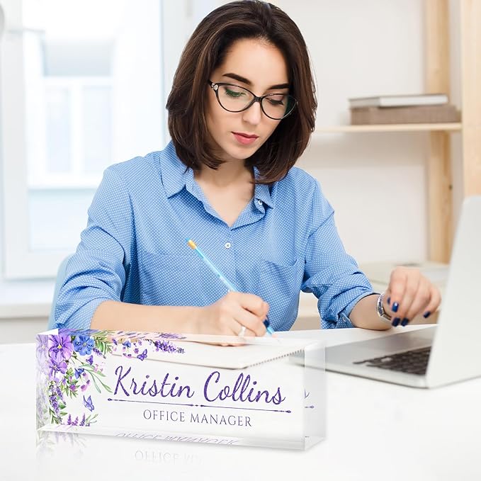 Custom Name Plate for Desk, Personalized Desk Name Plate on Clear Acrylic Glass, Appreciation Gifts for Teacher Employee Boss Coworkers Nurse, Office Desk Accessories for Women Men (Lavender)