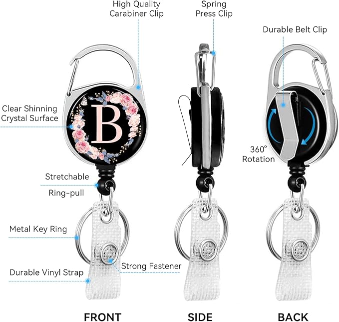 2 Pack A-Z Letter ID Badge Holder with Clip Badge Reels Retractable Heavy Duty,Keychain，ID Holder for School Nurse Office B