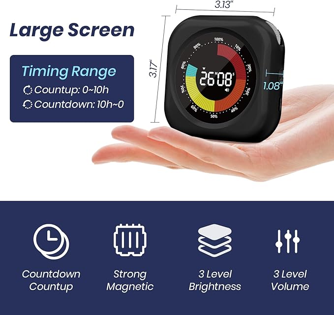 Visual Timer for Kids, 10 Hours Countdown/Up, with Rechargeable, 3 Volume Levels, 3 Brightness Display, and Magnetic, Homeschool Study Tool, Large Digital Timers for Classroom, Kitchen