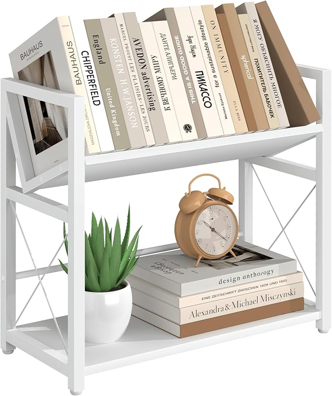 ELITEROO Desktop Bookshelf Organizer, 2 Tier Wood Desk Shelf for Tabletop Storage, Small Book Rack for Office, Home, or Study, Mini Bookcase for Book Display, Decor, and Supplies, White