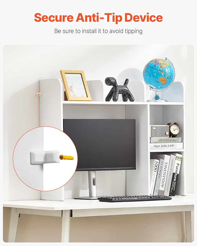 VEVOR Wood Desk Shelf, Desktop Bookshelf, Desk Storage Hutch with 6 Shelves, Office Countertop Organizer 3-Tier Display Rack, with Anti-Slip Feet Pads, for Office, Home & Dorm, White