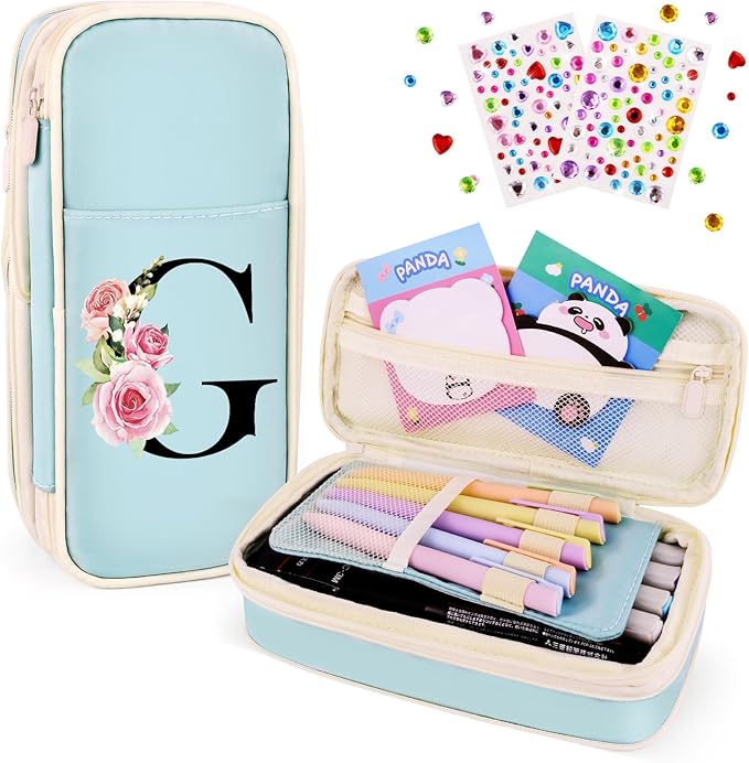 Preppy Pencil Case for Girls, Cute Large Pencil Pouch, Personalized Initial Pencil Bag with Zipper for School College Office Supplies, Back to School Supplies Gifts for Teen Girls (G, Blue)