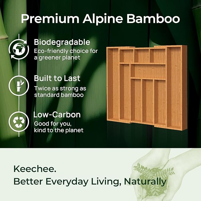 Carbonized Bamboo Kitchen Drawer Organizer, 10 Slots Expandable Silverware Organizer, Utensil Holder & Cutlery Tray, 2.2" Deep for Extra Capacity, Non-Slip Feet Included