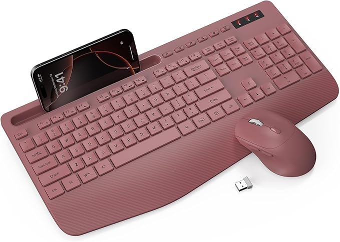 Wireless Keyboard and Mouse Combo - Full-Sized Ergonomic Keyboard with Wrist Rest, Phone Holder, Sleep Mode, Silent 2.4GHz Cordless Keyboard Mouse Combo for Computer, Laptop, PC, Mac, Windows -Trueque