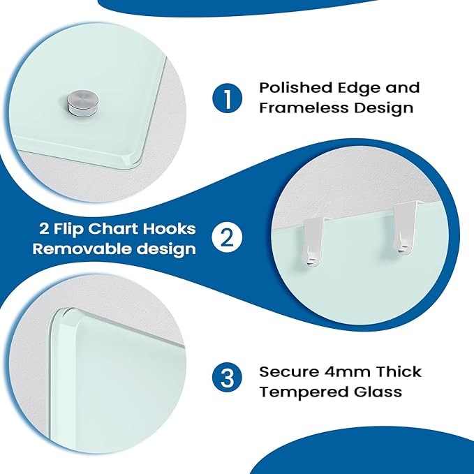 Large 0.3mm Reinforced Metal Backing Glass White Board for Wall, 36" x 24" Big Magnetic Tempered Glass Dry Erase Board with Frameless Design, 3' x 2' Glass Whiteboard for Home, Office, School