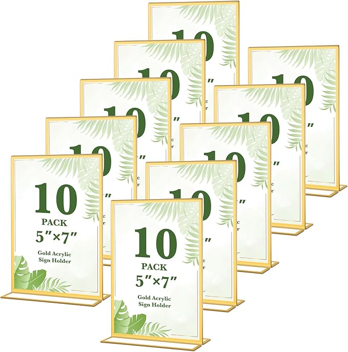 10 Pack Gold Acrylic Sign Holders 5x7 Double Sided Picture Frames, Wedding Table Number Frames, Table Display Stand for Restaurant Signs, Party and Office Photos
