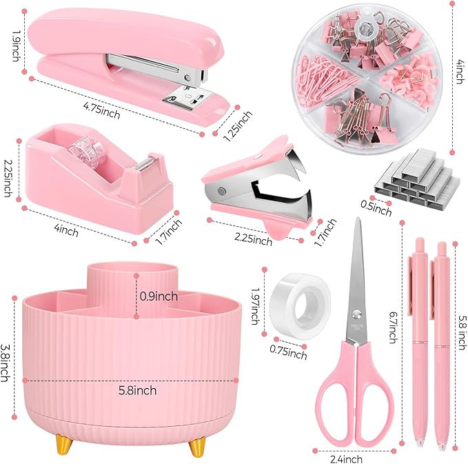 SKYDUE Pink Desk Accessories 10Pcs, Rotating Pen Holder for Desk, Stapler, Staple Remover, Tape Dispenser,2pcs Tape Refills, Binder Paper Clips Kit, Scissor,Pink Office School Supplies