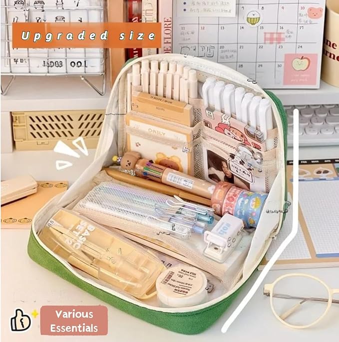 Pencil Case Pouch Box Cute Kawaii Large Capacity Aesthetic Zipper Pen Holder Organizer Bag for Office Workspace Supplies Desk Accessories Travel (Green)
