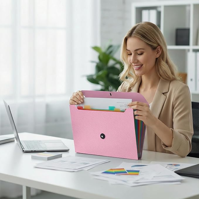 Accordion File Organizer, Accordion Folder for Sorting Documents and Papers, 13 Pockets Expanding File Storage Organizer for Home, Travel and Office Use (Pink)