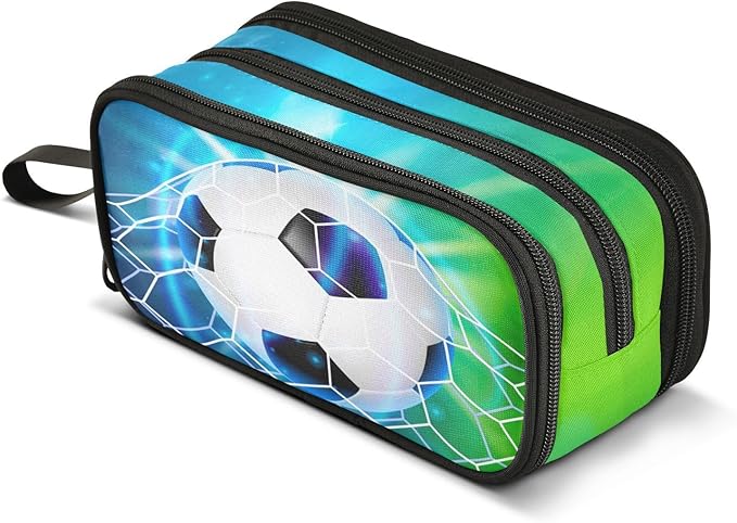 Soccer Football on Field Pencil Case Box Boys Girls Large Pencil Pouch with Zipper Compartments Big Capacity Stationery Pen Bag Organizer for Kids Teens Adults School