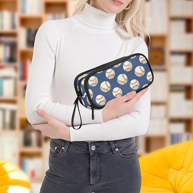 Baseballs Ball Blue Pencil Case Box Boys Girls Large Pencil Pouch with Zipper Compartments Big Capacity Stationery Pen Bag Organizer for Kids Teens Adults School