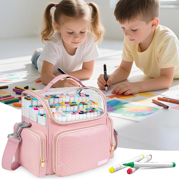 Large Marker Organizer Case for 200-300 Markers,Travel Marker Storage Bag with Dividers and 4 Pockets,Marker Organizer Holder for Paint Brushes,Colored Pencils and Other Art Supplies,Bag Only,Pink