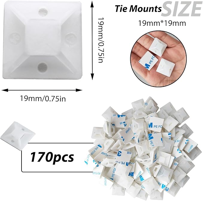 340 Pcs Self Adhesive Cable Zip Tie Mounts Set | 170 Pcs Cable Tie Mounting Base,3/4" | 170 Pcs Zip Ties,8" | White,Cable Clip,Wire Management Clips,Wall Ties Fixing Mount,Wire Holders for Cables