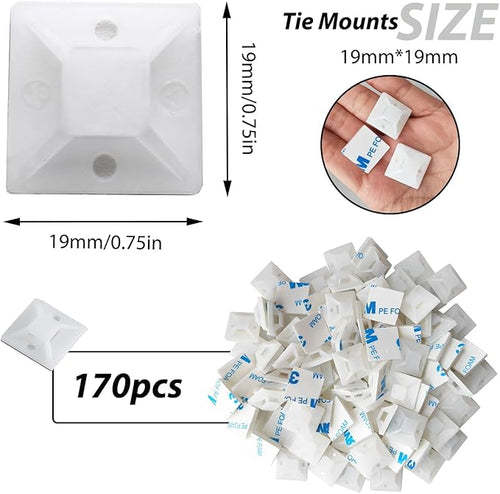 340 Pcs Self Adhesive Cable Zip Tie Mounts Set | 170 Pcs Cable Tie Mounting Base,3/4" | 170 Pcs Zip Ties,8" | White,Cable Clip,Wire Management Clips,Wall Ties Fixing Mount,Wire Holders for Cables