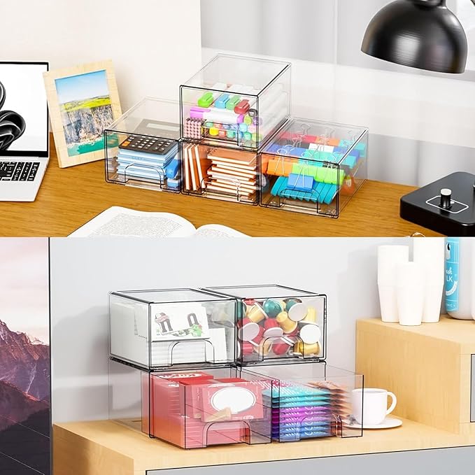 4.4" Tall Small Clear Acrylic Stackable Storage Drawers for Vanity,Under Sink,Bathroom Closet,Medicine Cabinet Organization and Plastic Storage Bins for Organizing Makeup,Baby Bottles,Pacifier,6 PCS