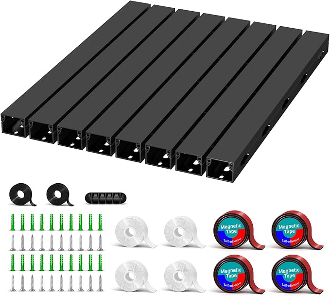 Cable Raceway - Magnetic Cable Management Under Desk with Upgraded Aesthetic Large Hole, Cord Organizer Kit for Hiding Computer, Gaming Desk, Network, Power Cord, TV - 8PCS 8x15.7in Black