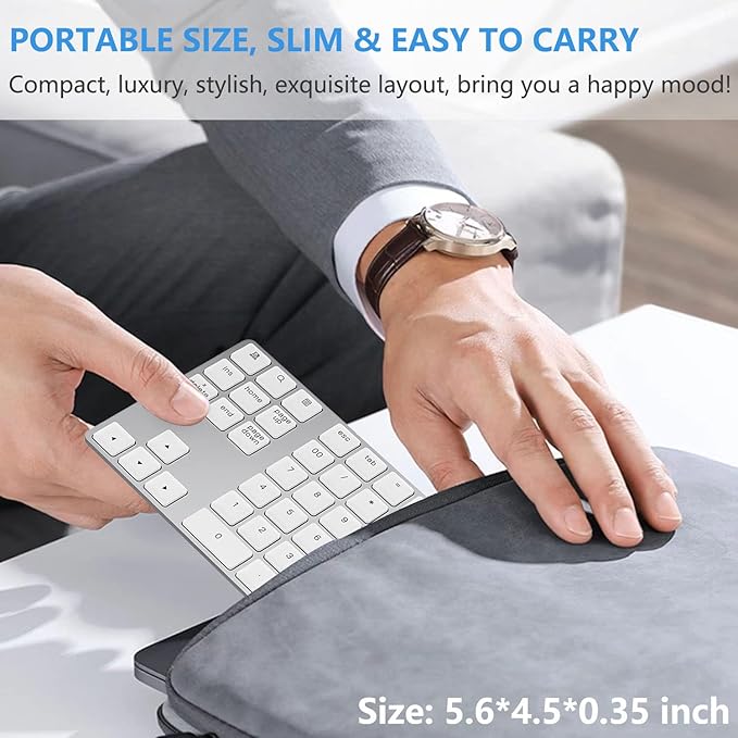 Lekvey Bluetooth Number Pad, Aluminum Rechargeable Wireless Numeric Keypad Slim 34-Keys External Numpad Keyboard Data Entry for Laptop, MacBook, MacBook Air/Pro, iMac, Windows, Surface Pro - Silver