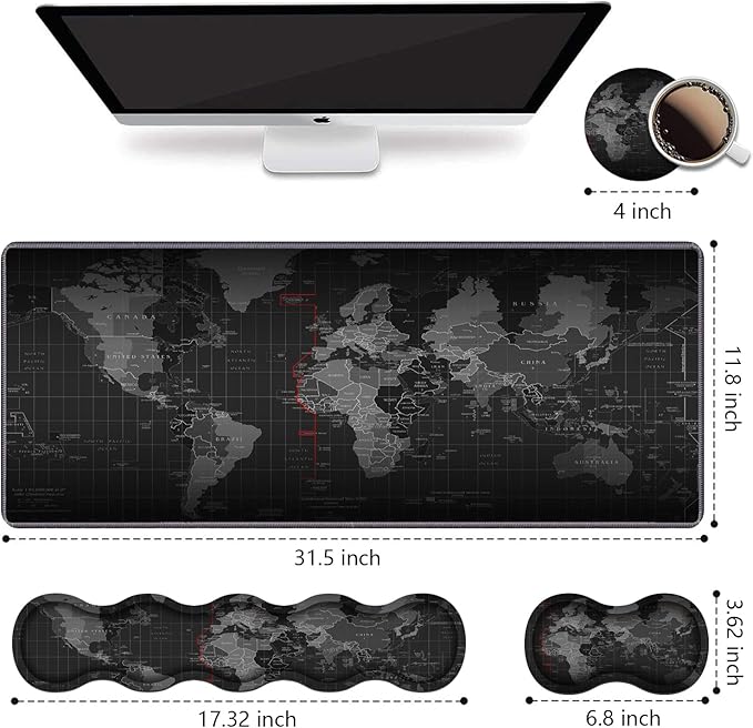 Ergonomic Keyboard Wrist Rest & Mouse Pad Wrist Rest Set, Large XXL Gaming Mousepad 31.5"x 11.8", Memory Foam, Easy Typing Pain Relief, Multifunctional Desk Mat for Office & Home, World Map Pattern