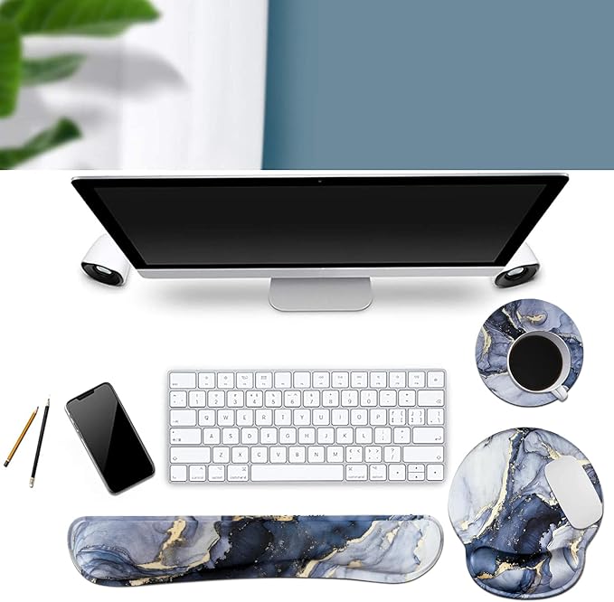 iLeadon Mouse Pad with Wrist Support Keyboard Wrist Rest Set, Ergonomic Mouse Pad with Non-Slip Base for Computer Home Office + Coasters, Easy Typing & Pain Relief Mouse Mat, Dark Blue Marble