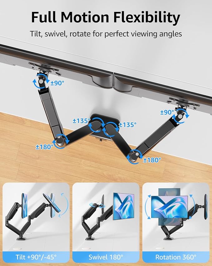 MOUNTUP Dual Monitor Stand for Desk, Monitor Arms for 2 Monitors 32 27 24 22 Inches, Height Adjustable Double Monitor Mount, VESA Mount with C-Clamp & Grommet Base, Holds 4.4-17.6lbs, Black