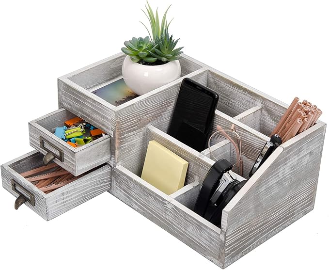 Distressed Rustic Wooden Office Desktop Organizer Wood Shelf Tabletop Home Organizer Storage with Multiple Compartments 2 Tier Drawers,perfect Jewelry storage Display Box for Desk, Vanity (gray)