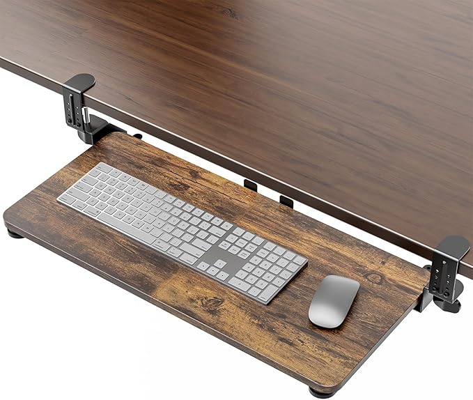 Large Keyboard Tray Under Desk, Pull Out Keyboard & Mouse Tray with Adjustable C-clamp, 25.6(31.5 Including Clamps) x 11.8 Inch Slide Out Computer Keyboard Drawer Mouse Tray for Typing, Brown