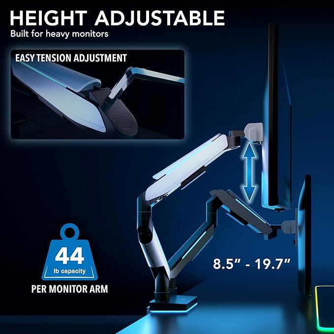 Mount-It! Heavy Duty Dual Monitor Arm up to 35 in. 44 lbs Screens, RGB Lights, 75x75 100x100 VESA Desk Mount for 2 Widescreen Curved Monitors 27 32 34 35 inches, Gas Spring, Clamp, Grommet, RGB Lights