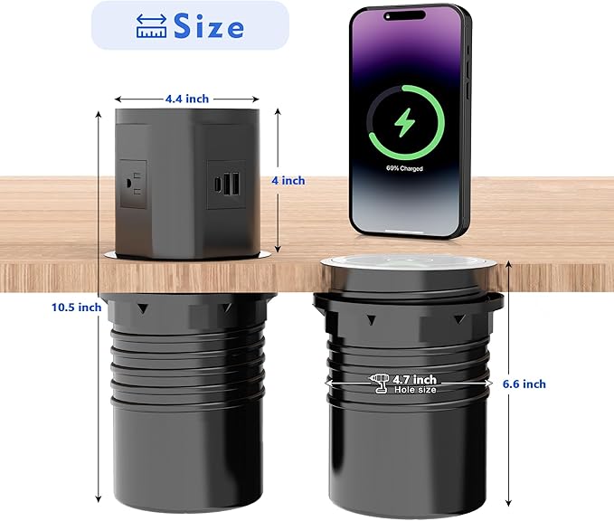 Pop Up Outlet for Countertop with 15w Wireless Charger, 4.7-Inch Pop Up Outlet with 4 Outlets and 2 USB-A, 1 USB-C, Pop Up Power Outlet for Kitchen Countertop, Conference Room, Study Room (Black)