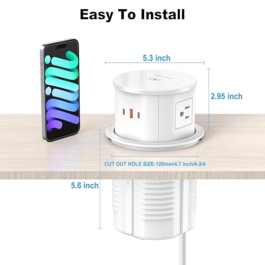Pop Up Countertop Outlet with 15W Wireless Charger, PD 20W USB-C Ports & 4 AC Outlets, 800J Surge Protection, 4.75 inch Pop Up Receptacle, 6Ft Cord for Home Office(ETL & FCC Listed)