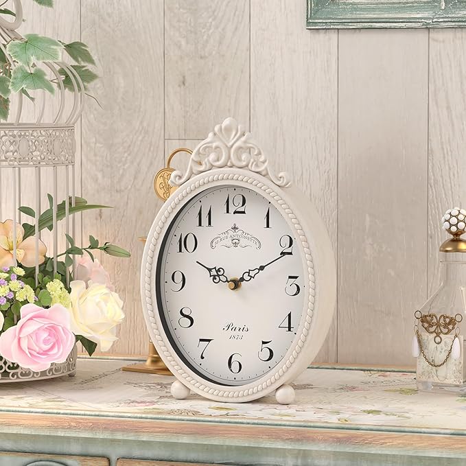 Abdurey Vintage Table Clock on Stand, Desk and Shelf Decorative Clock, French Rustic Style Antique White Mantel Clocks for Living Room,Farmhouse,Bedroom,Bedside,Gift Clocks