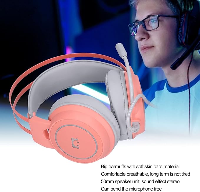 ChiweiJ Head Mounted Gaming Headset with 50mm Speaker Unit, Over Ear Stereo Headphone, 360° All Round Pointing Bendable Microphone, USB 7.1 Surround Sound for PC Gaming and Music Listening (Pink)
