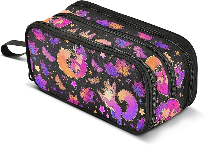 Purple Psychedelic Fox Cat Pencil Case Box Boys Girls Large Pencil Pouch with Zipper Compartments Big Capacity Stationery Pen Bag Organizer for Kids Teens Adults School