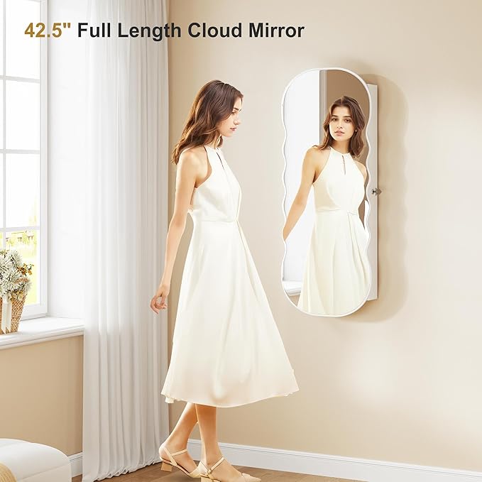 HNEBC LED Mirror Jewelry Cabinet,Wall or Door Mounted Jewelry Armoire Organizer with Lights,Lockable Wide Wavy Mirror with Storage,42.5" L Full Length Mirror with Jewelry Storage,Interior Mirror