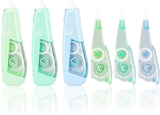 Temiary 3 Pcs Correction Tapes with 3 Pcs Extra Refills, Aesthetic White Pull Out Tape, Easy Grip & Carry, Works with Multiple Pens, Smooth for School & Office Workers (Light Green/Green/Blue)