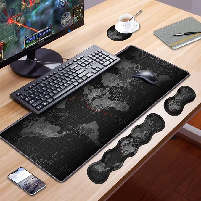 Ergonomic Keyboard Wrist Rest & Mouse Pad Wrist Rest Set, Large XXL Gaming Mousepad 31.5"x 11.8", Memory Foam, Easy Typing Pain Relief, Multifunctional Desk Mat for Office & Home, World Map Pattern
