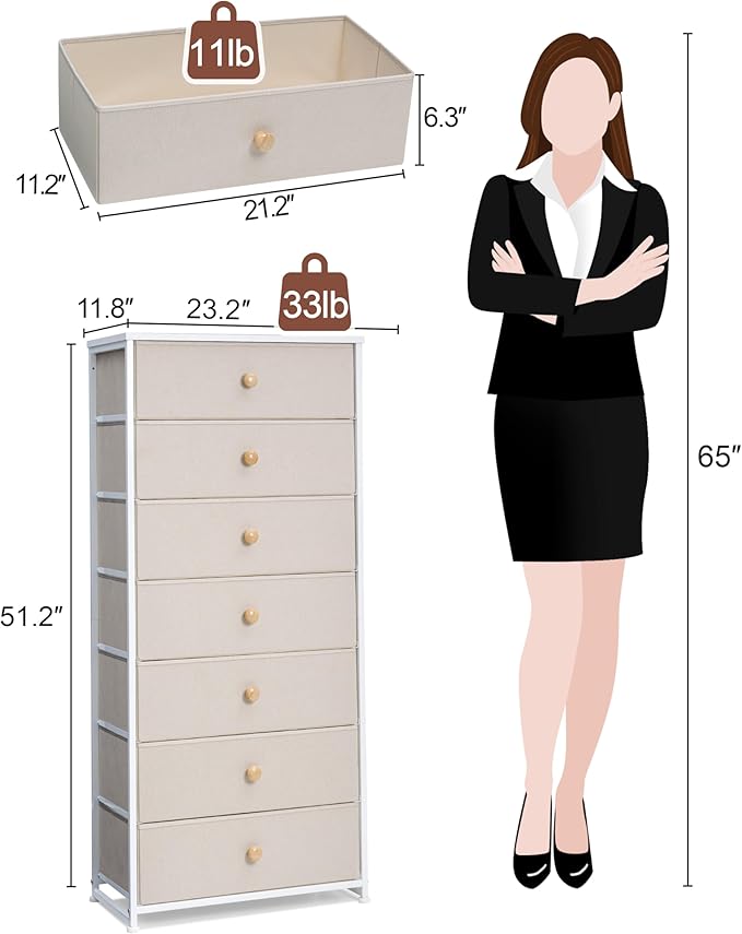 Crestlive Products Tall Dresser, 7-Drawer Wide Fabirc Storage Tower, Chests of Drawers - Vertical Organizer Unit for Bedroom, Hallway, Entryway, Nursery, Wood Top, Closets with Handles (Beige)